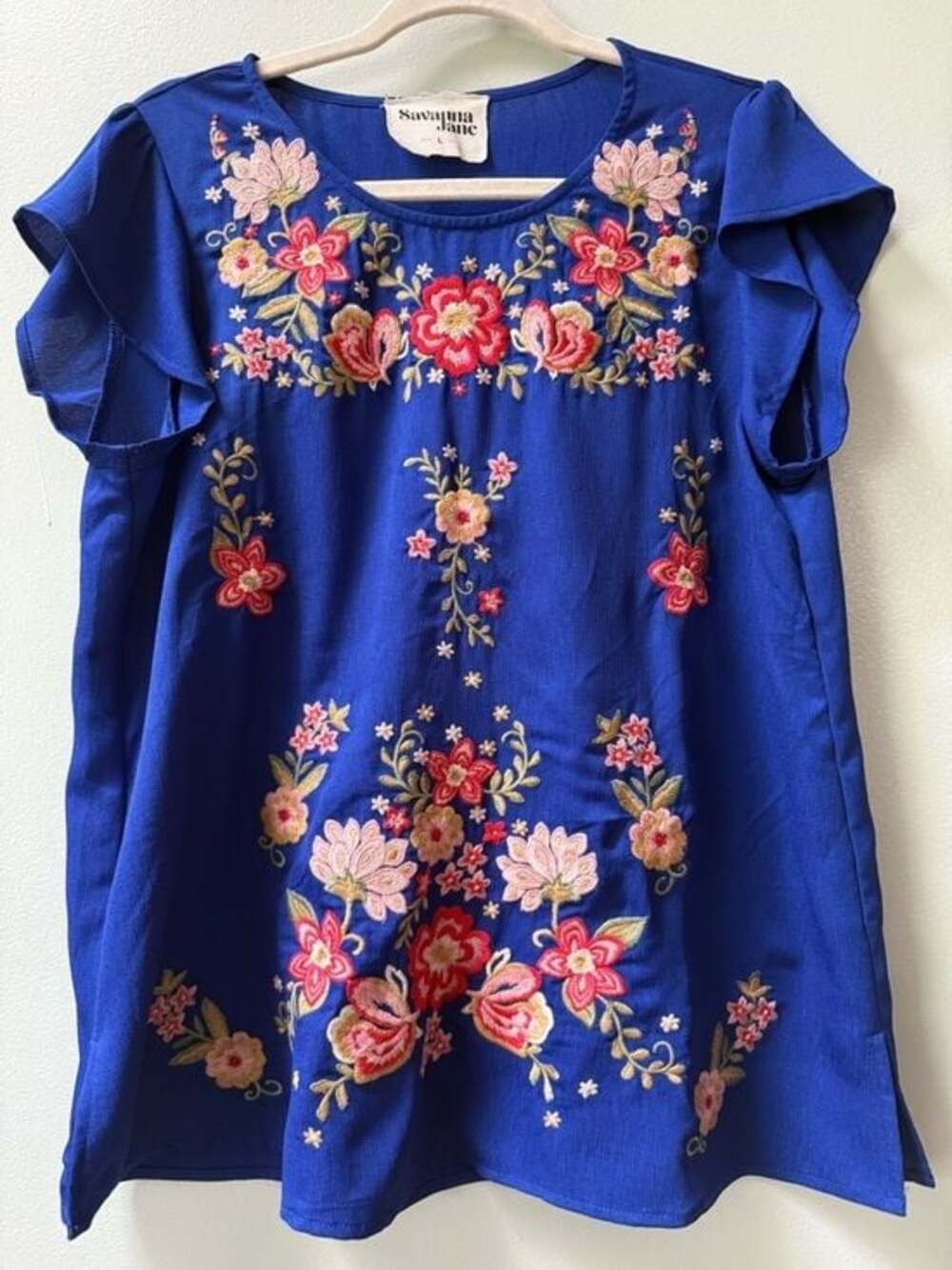Siviglia Royal Blue Floral Embroidered Ruffle Sleeve Blouse